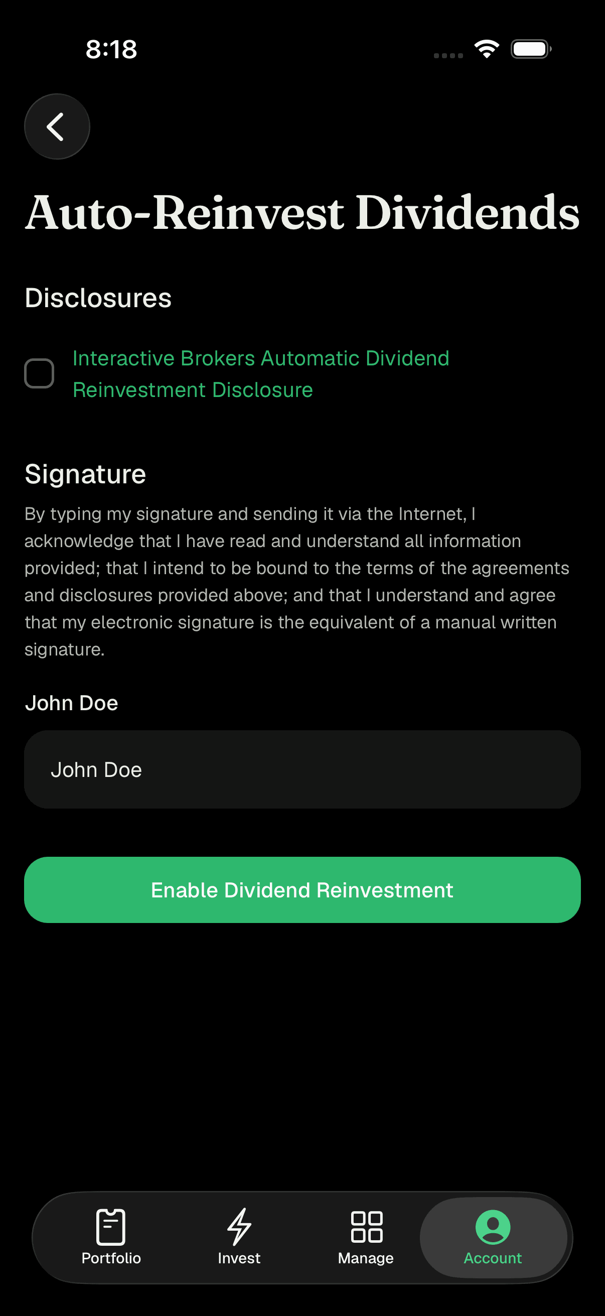 Auto-Reinvest Dividends screen