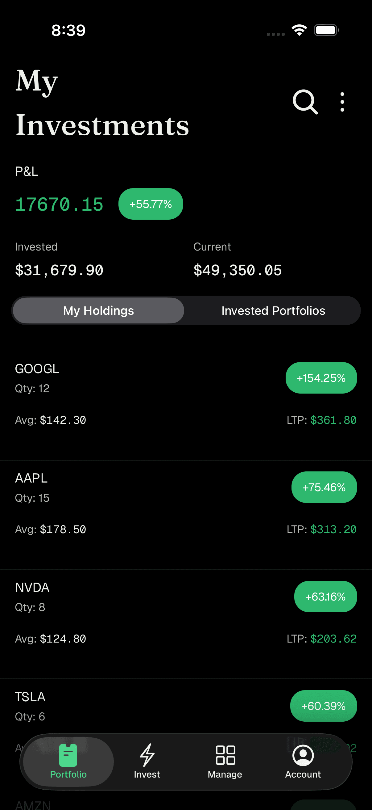 Portfolio overview with P&L, Invested, and Current