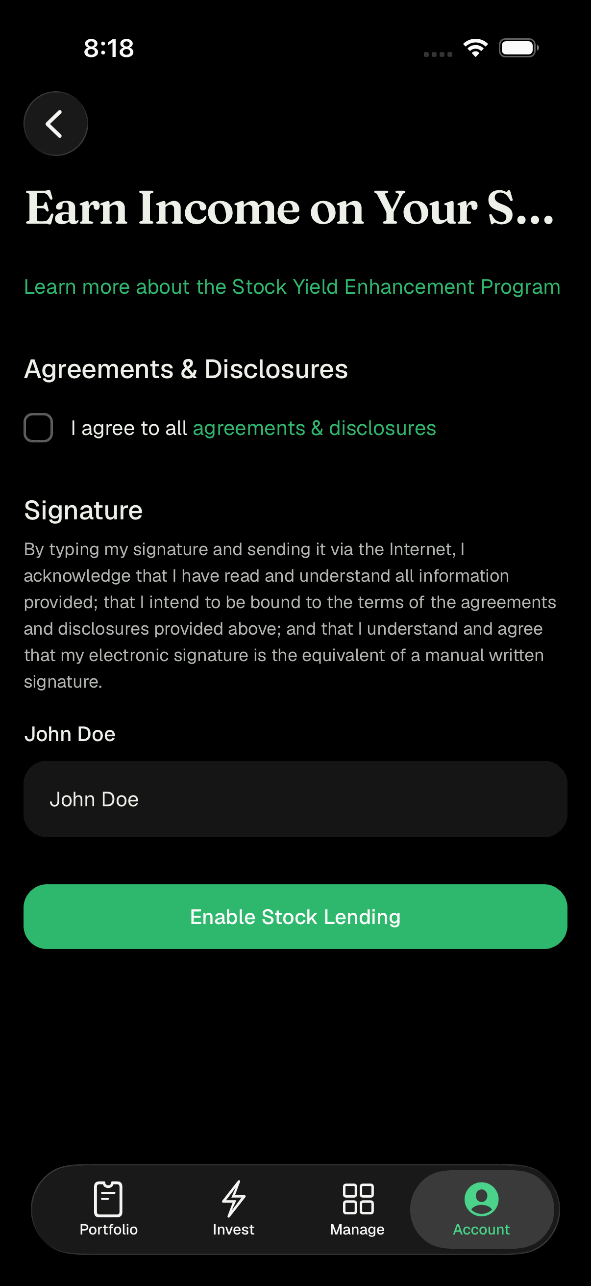 Stock Yield Enhancement Plan screen