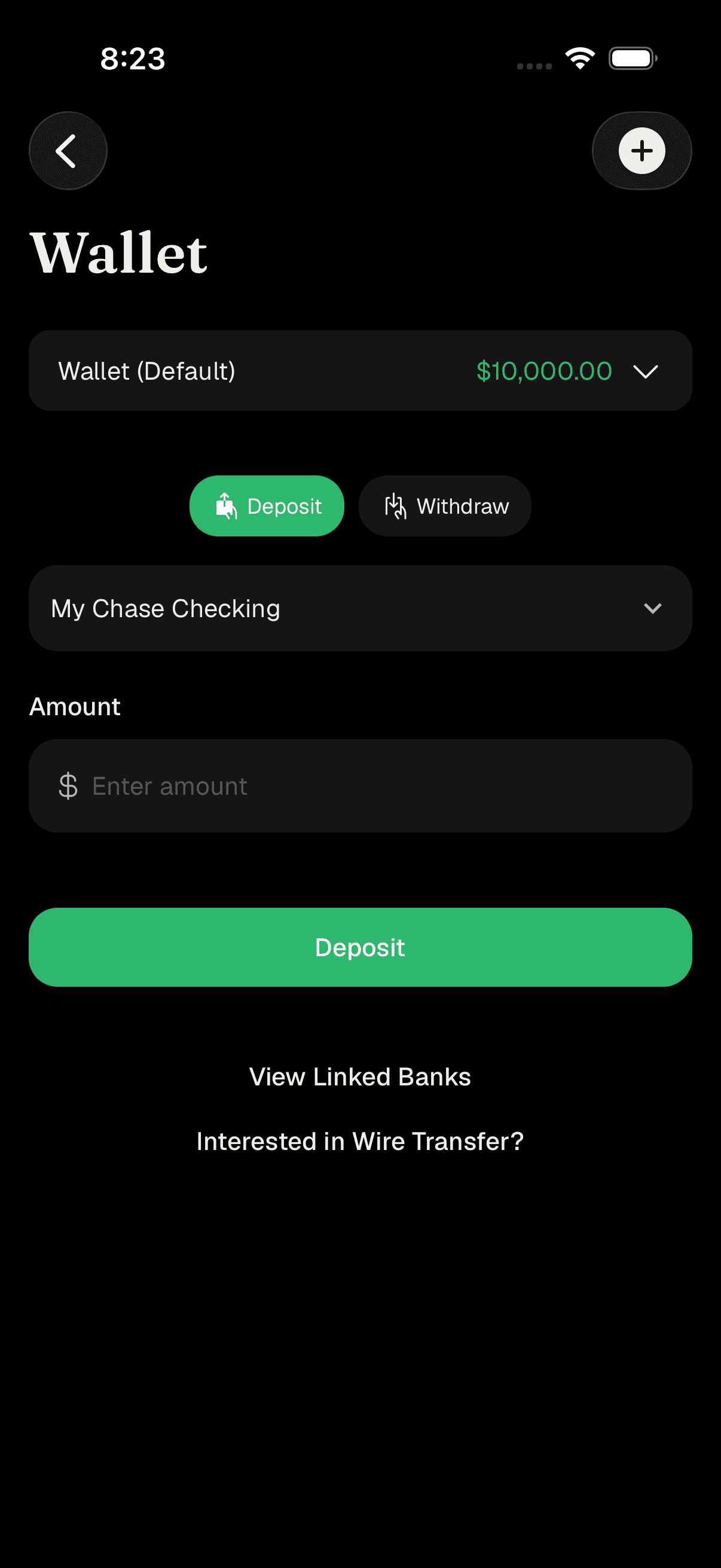 My Wallet showing balance with Deposit and Withdraw options