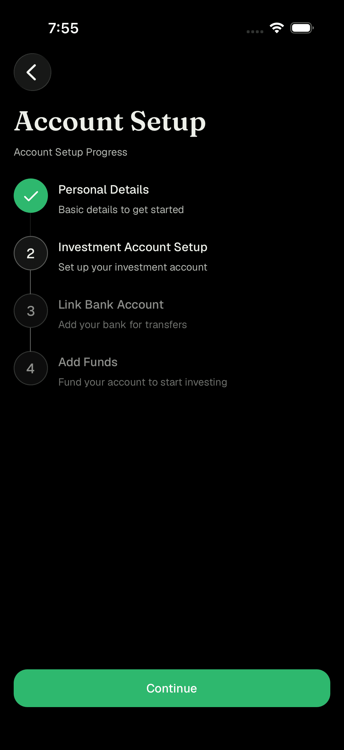 Account Setup progress checklist with numbered steps