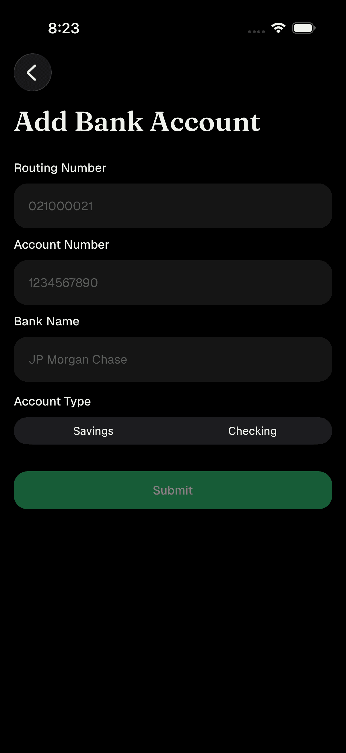 Add Bank Account screen with link and manual options