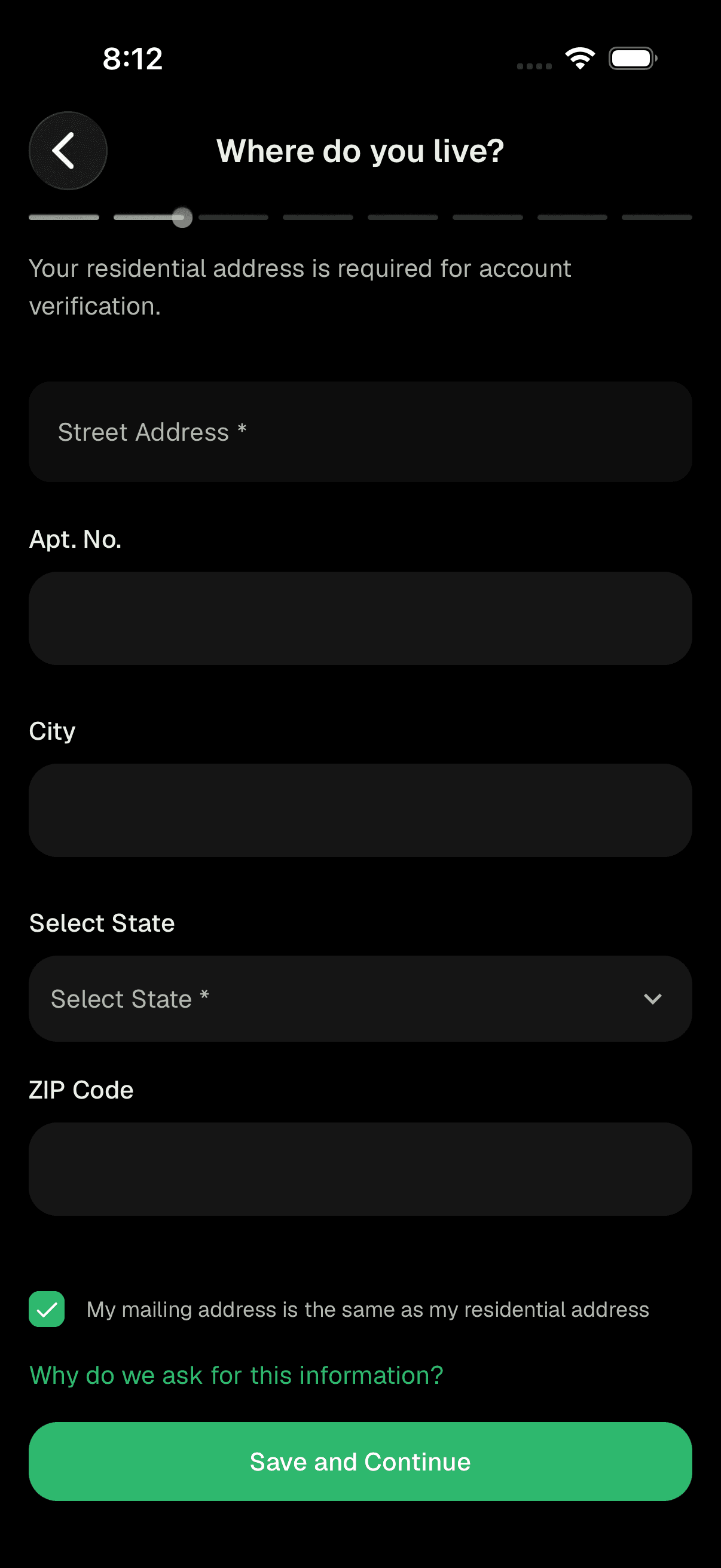 Address entry screen with typeahead suggestions