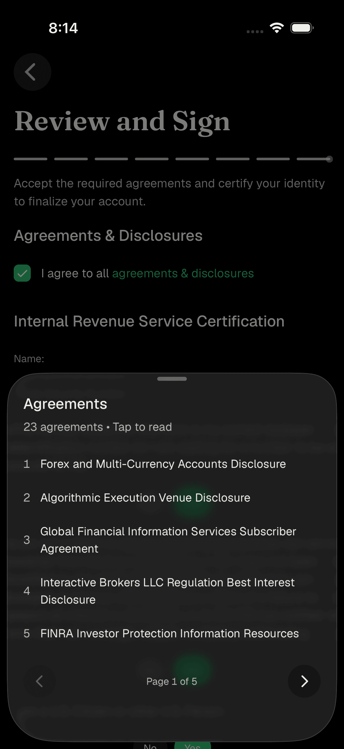 Review and Sign agreements screen