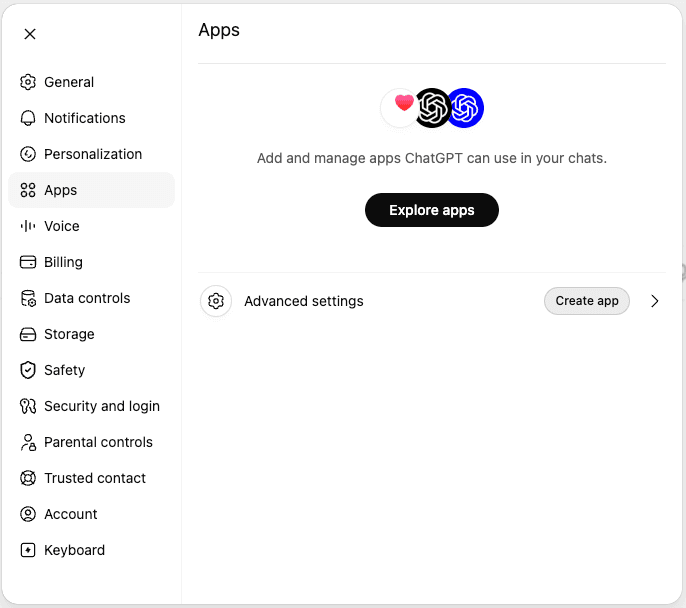 ChatGPT Settings screen with Apps