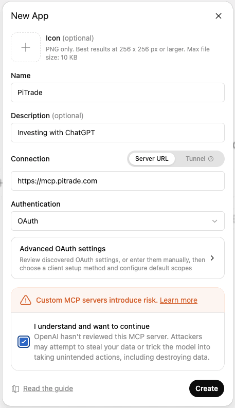 Create app dialog with the PiTrade MCP URL entered