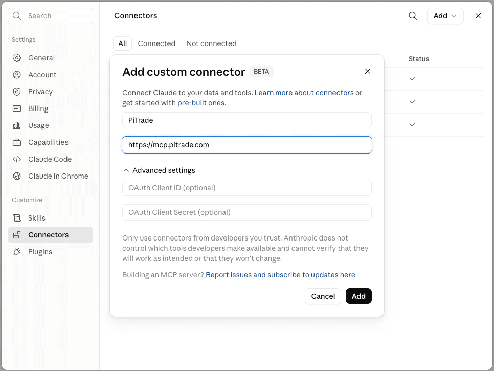 Add custom connector dialog with the PiTrade MCP URL entered