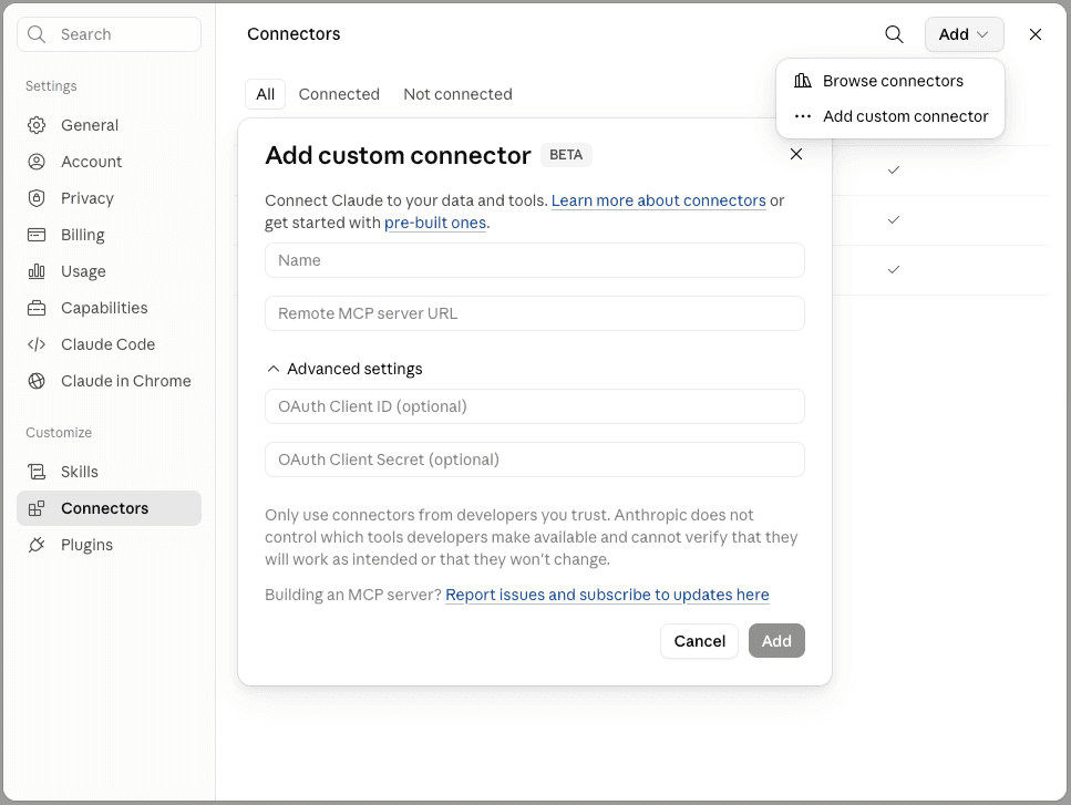 Claude Settings screen with Connectors tab highlighted