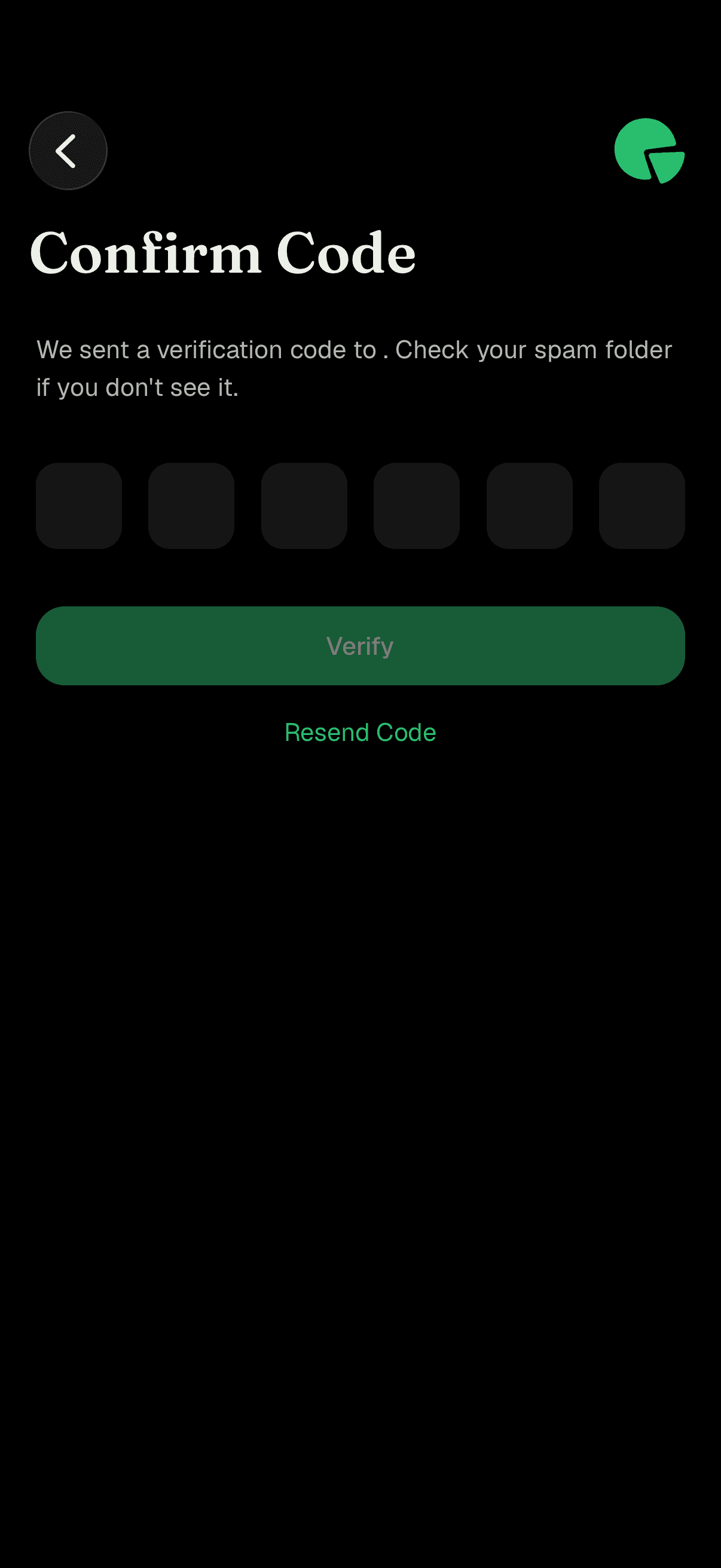 Confirm Code screen with six code boxes