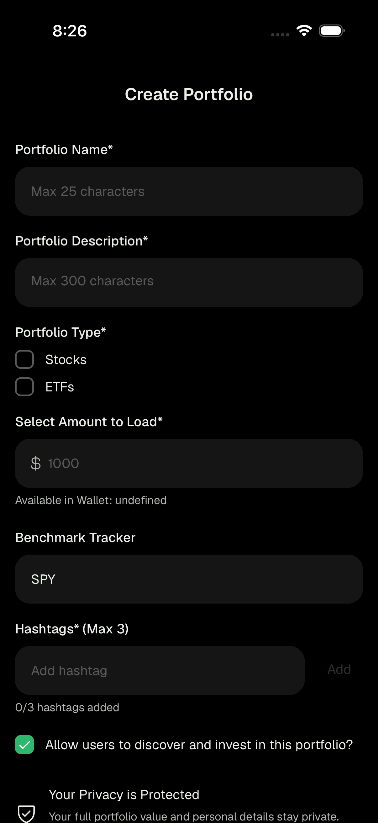 Filling in portfolio name, description, and type