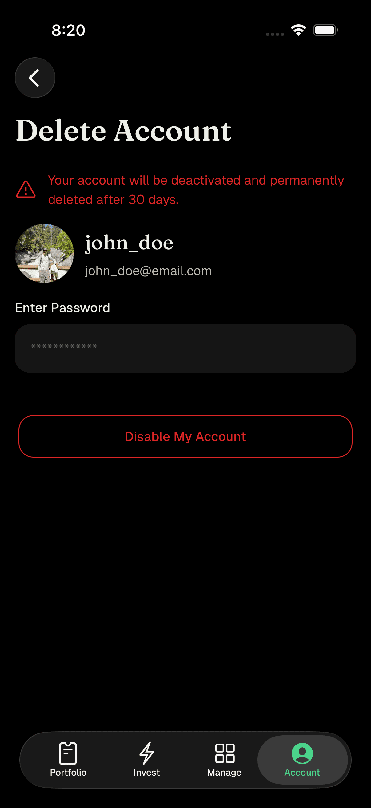 Delete Account screen showing warning, profile info, and password field