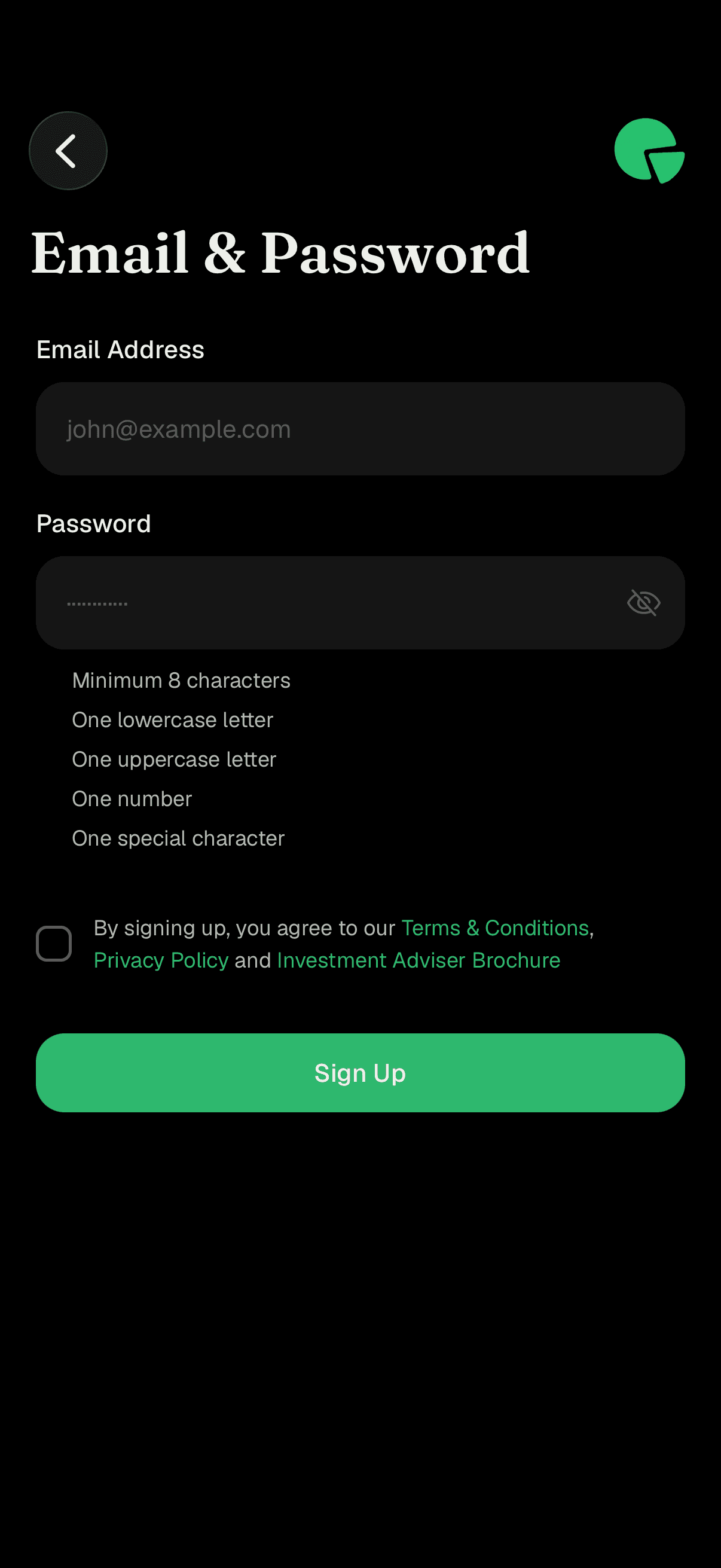 Email and Password screen with the password rules checklist