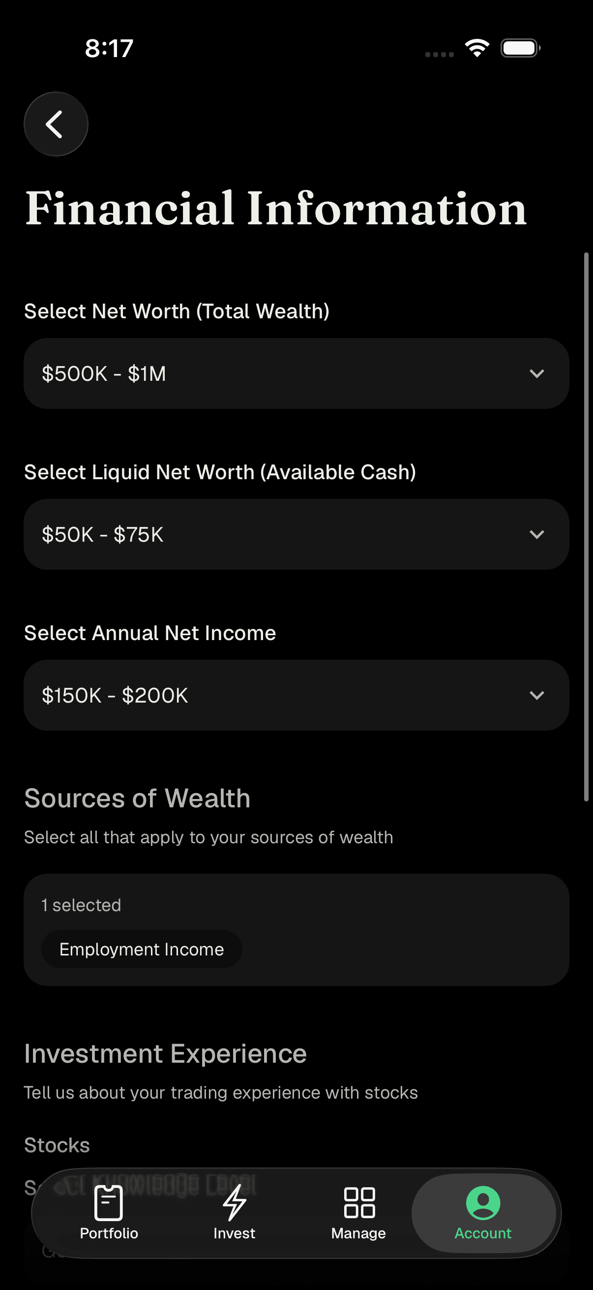 Financial Profile edit screen