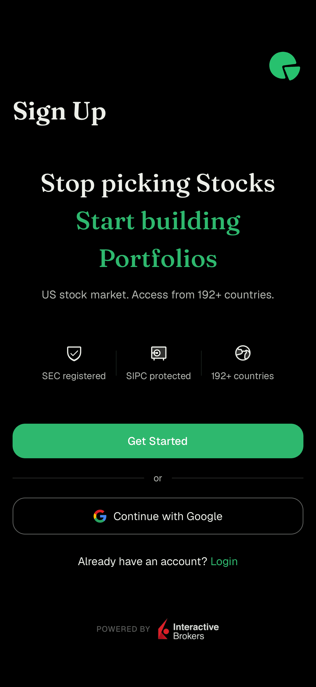 Sign Up welcome screen with Get Started button