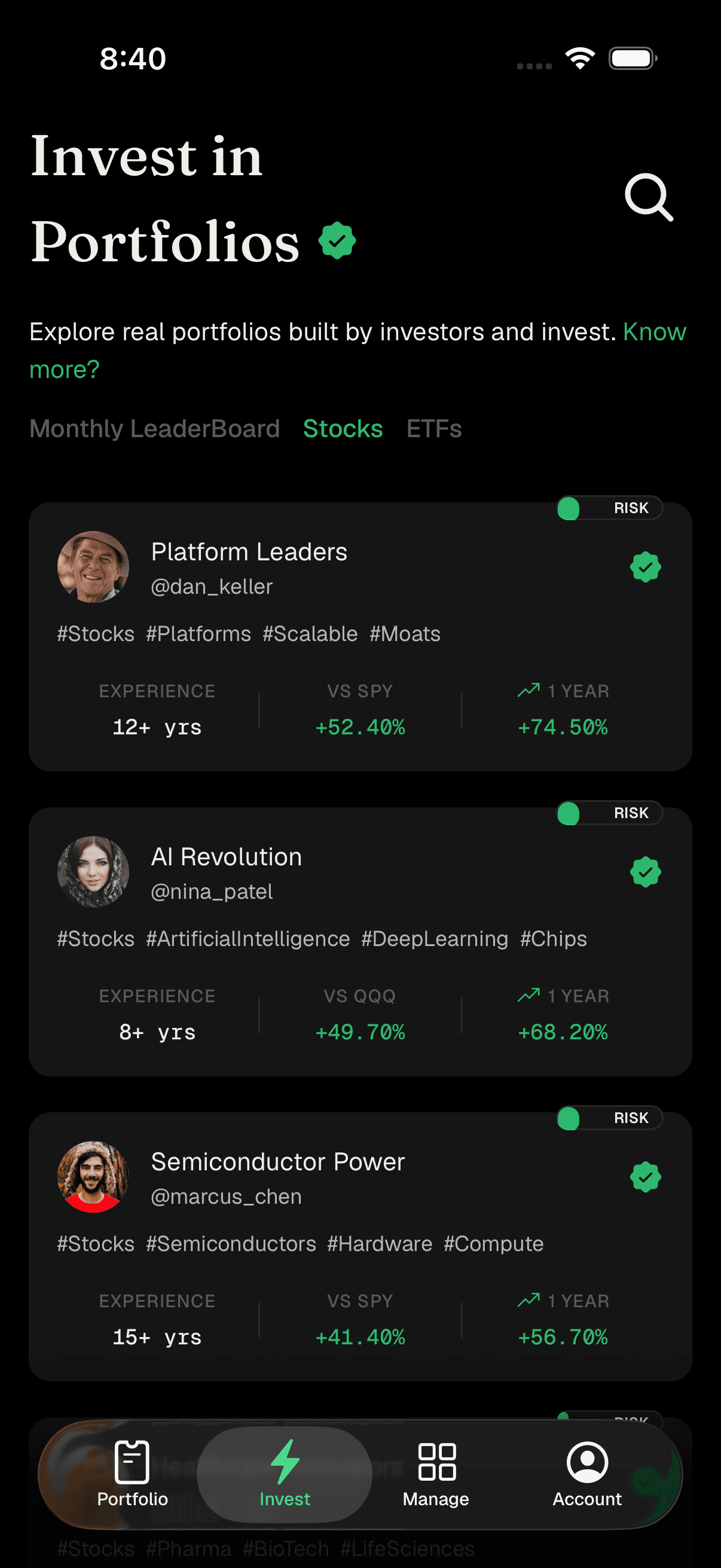 The four bottom tabs: Portfolio, Invest, Manage, and Account
