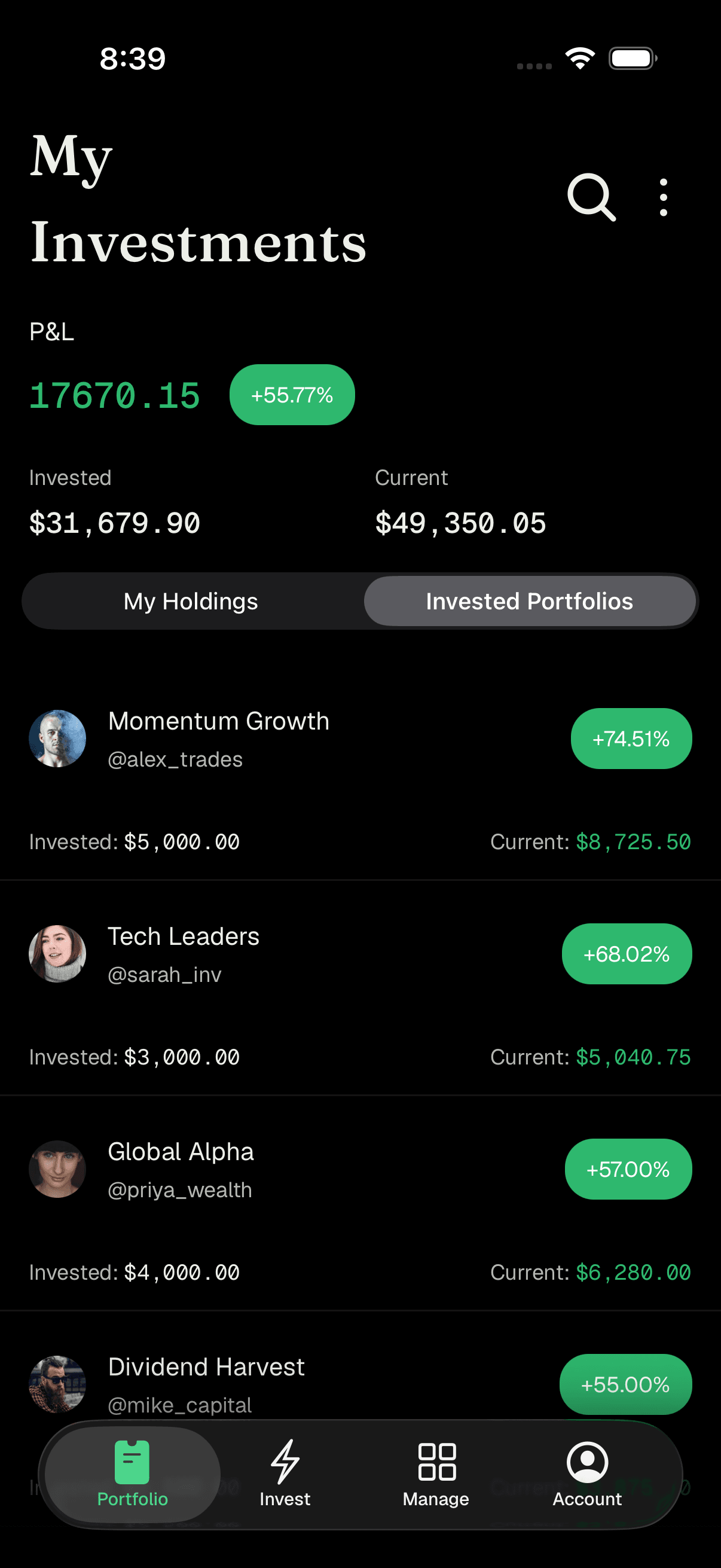 Portfolio overview with P&L, Invested, and Current