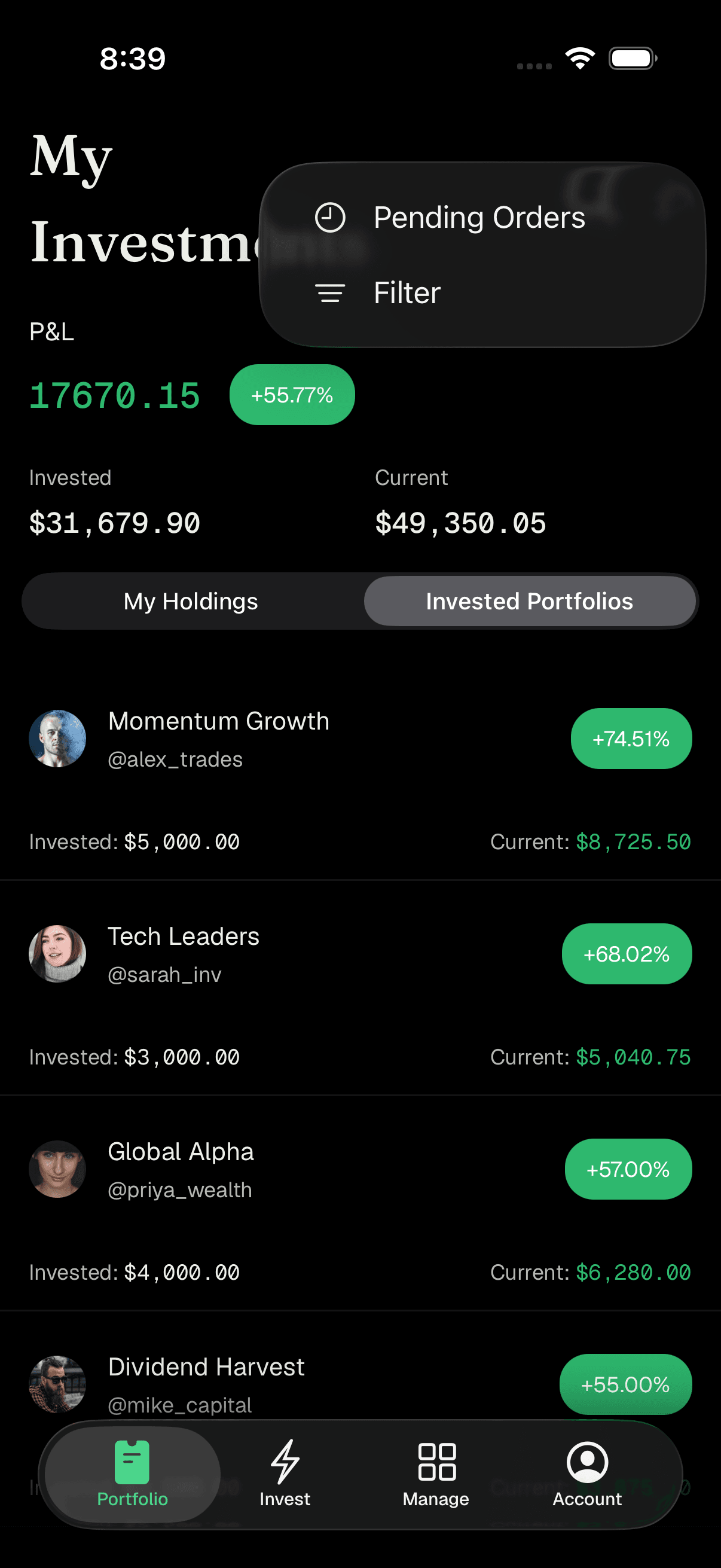 Filter Investments options