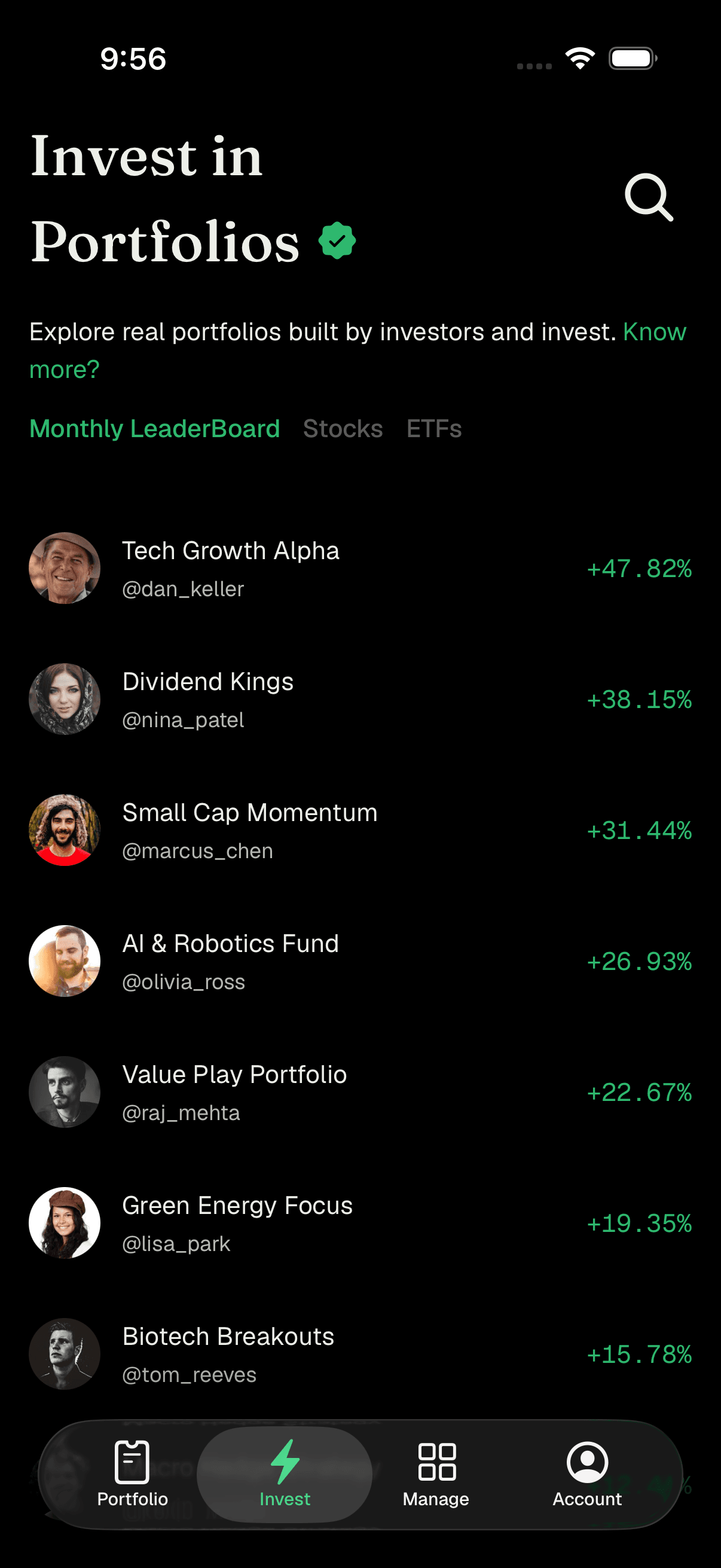Browse portfolios in the leaderboard