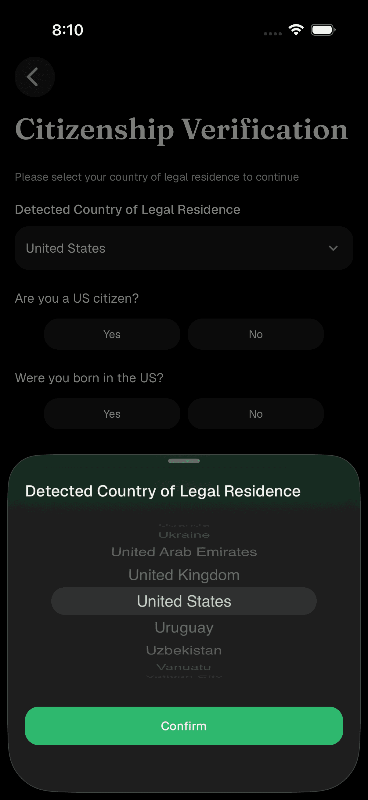 Citizenship Verification screen with country dropdown