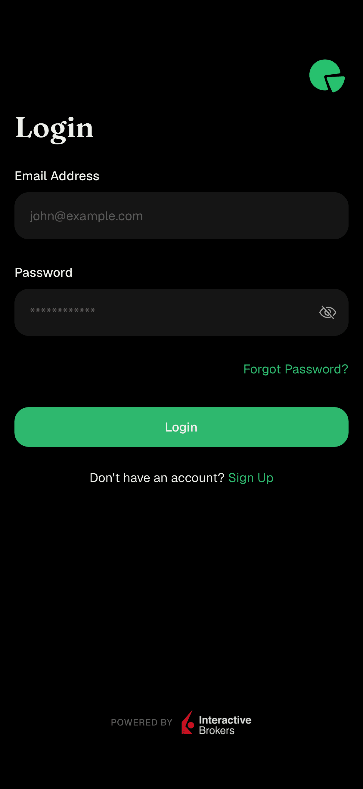 Login screen with email and password fields