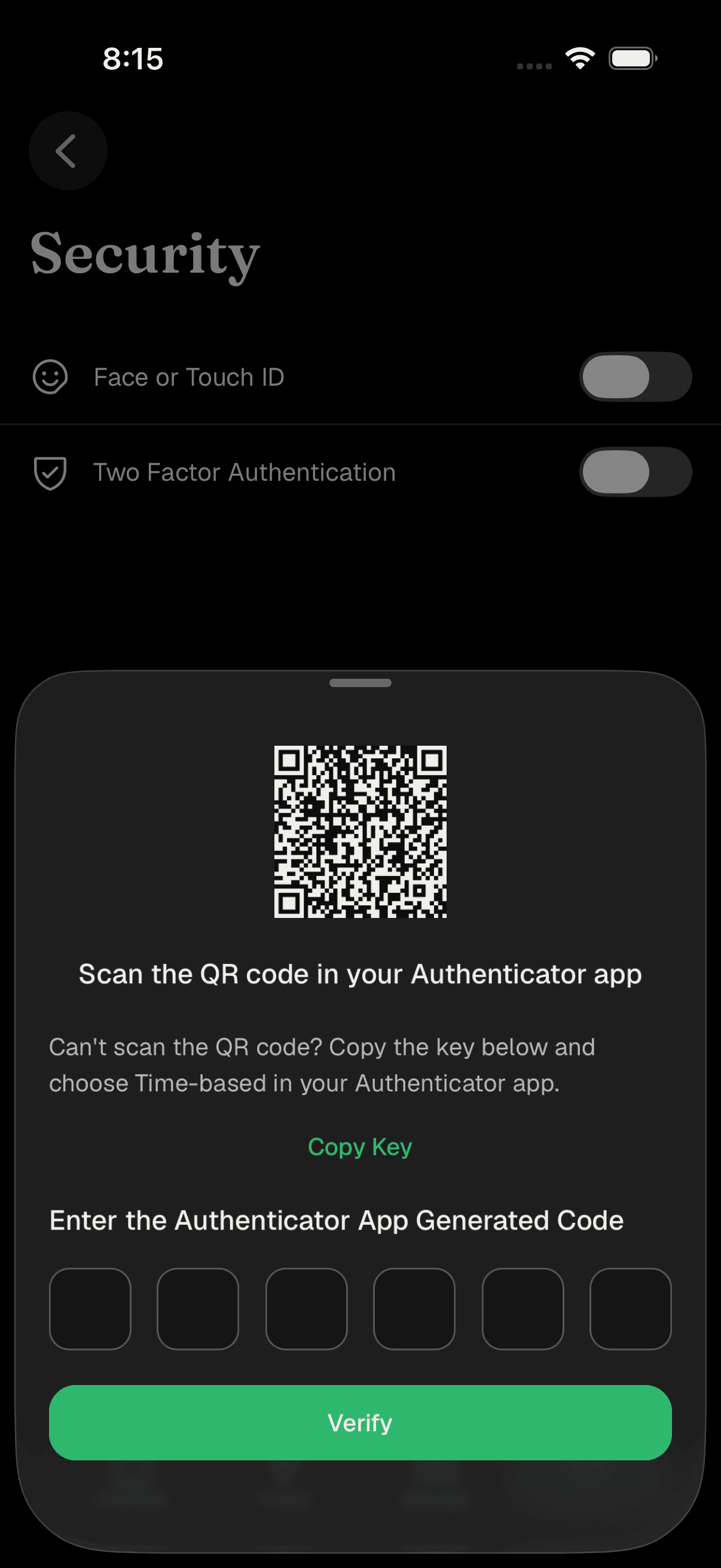Two-factor setup panel with QR code and code entry