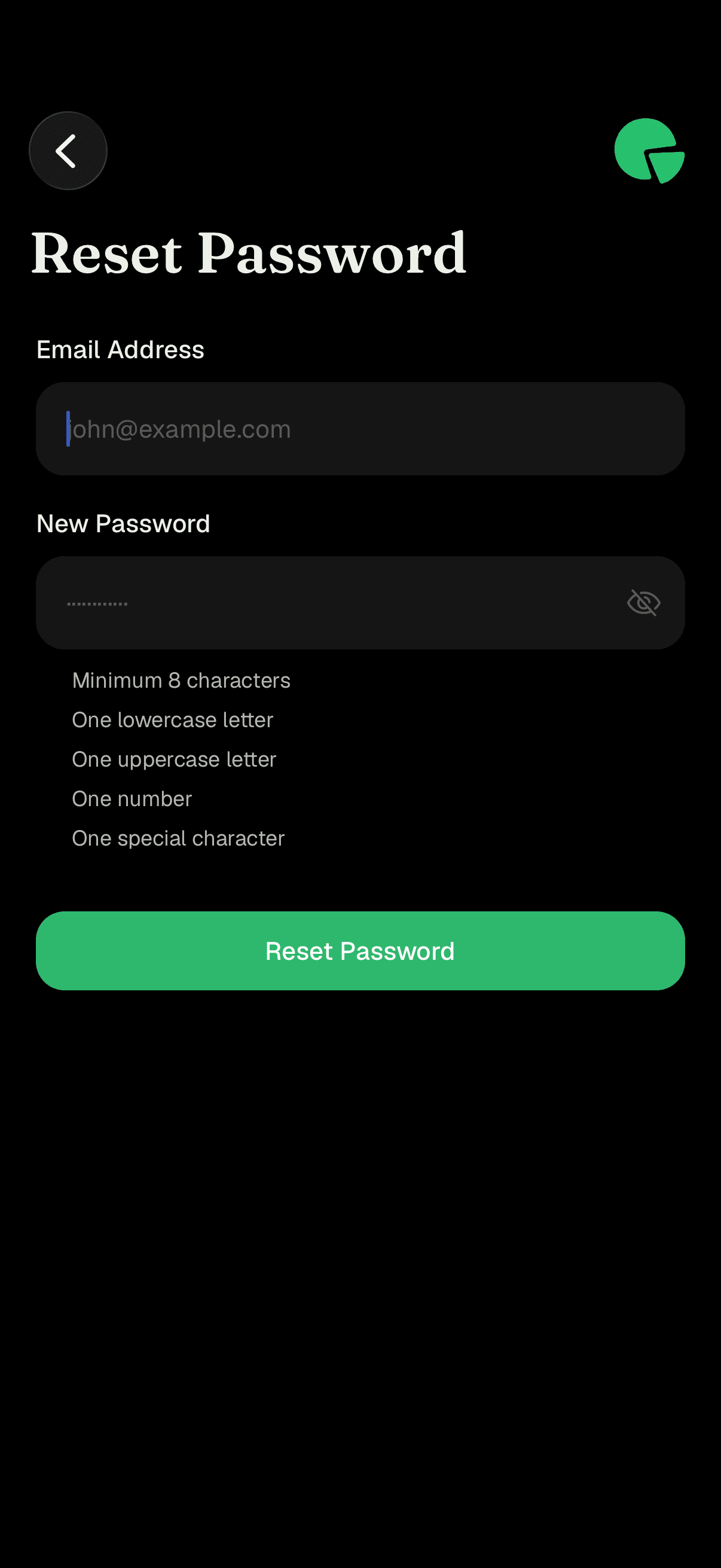 Reset Password screen with email and new password fields