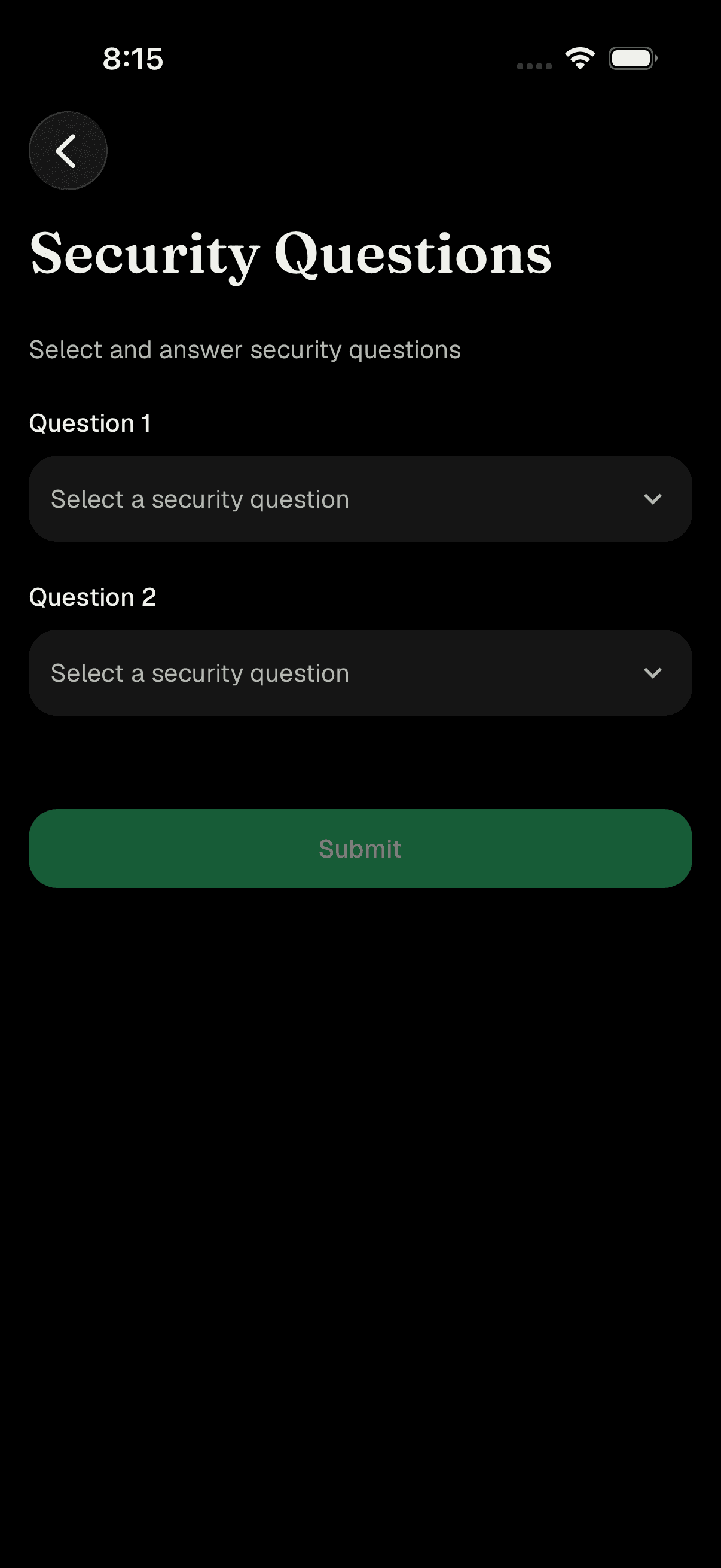 Security Questions screen with two dropdowns and answer fields