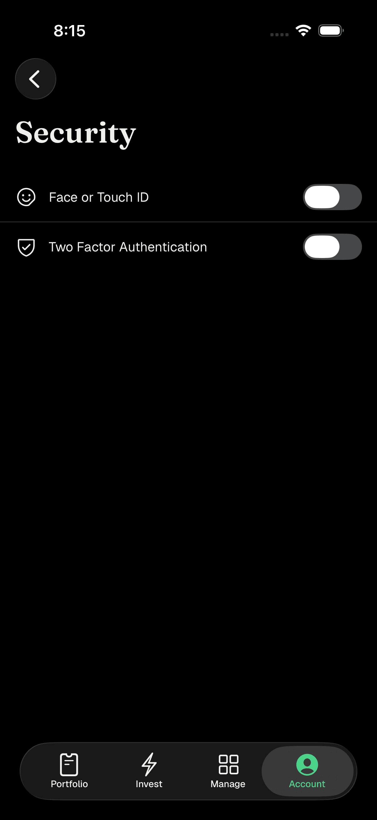 Security screen showing Face or Touch ID and Two-Factor Authentication