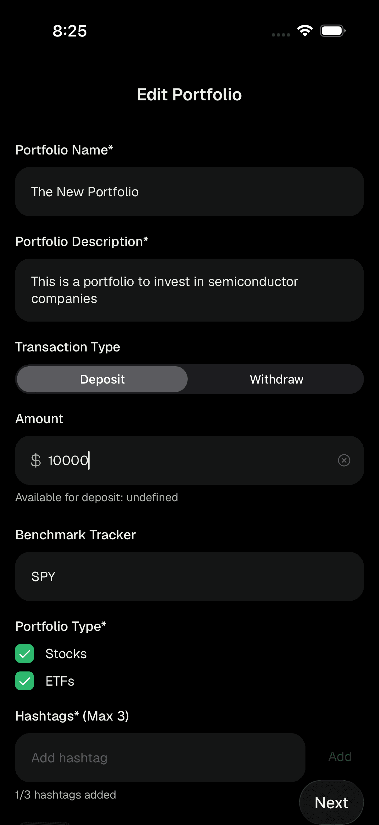 Updating a portfolio and depositing or withdrawing funds