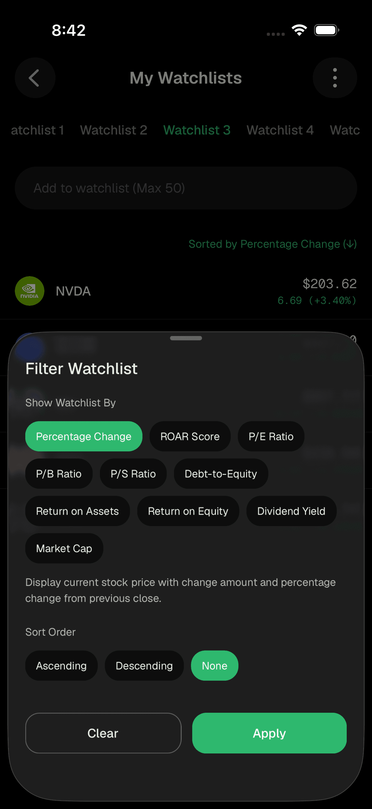 Filter Watchlist by price, ROAR, or financial ratios